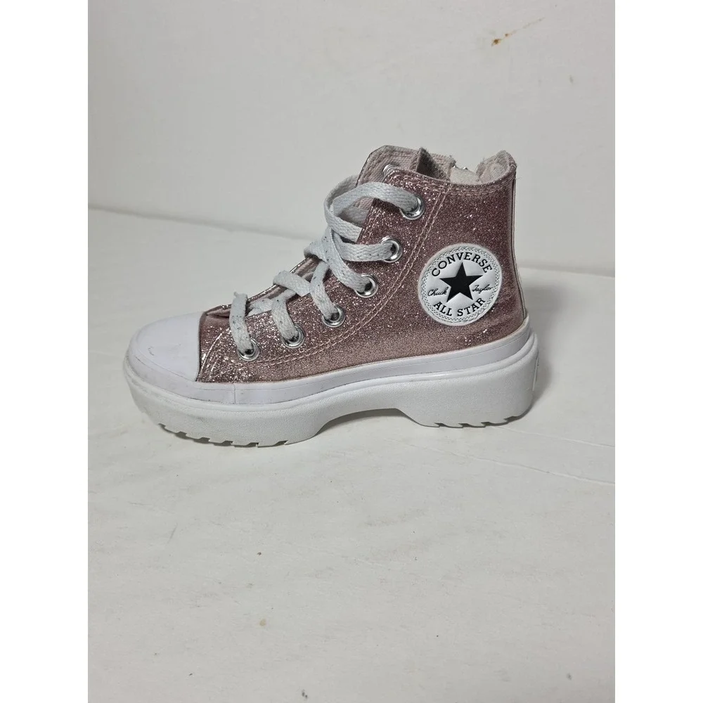 Converse Kids High-Top Glitter Lug sole Sneakers in Rose Gold and White